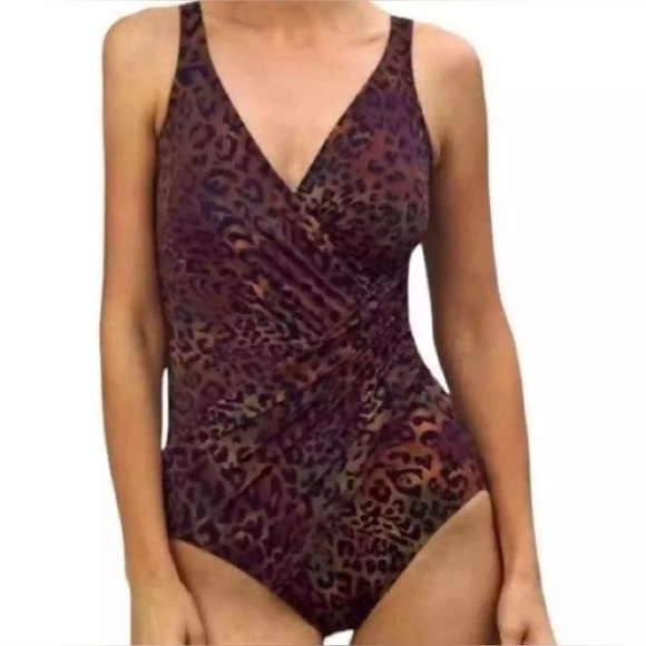 Miraclesuit Me-wow Oceanus Leopard Print One Piece Wrap Front Swimsuit Size 16D - Picture 1 of 7